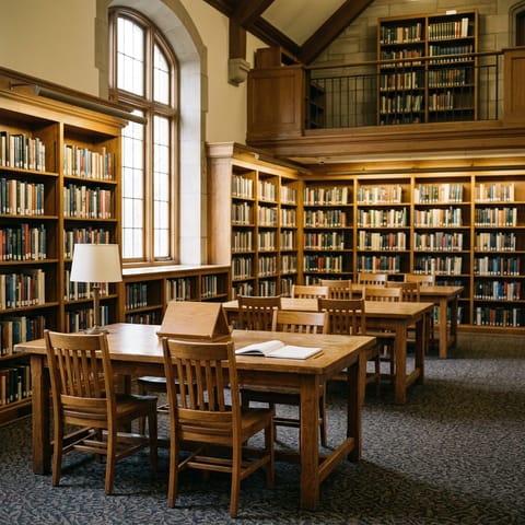A library reading room with wooden tables. Generated image.