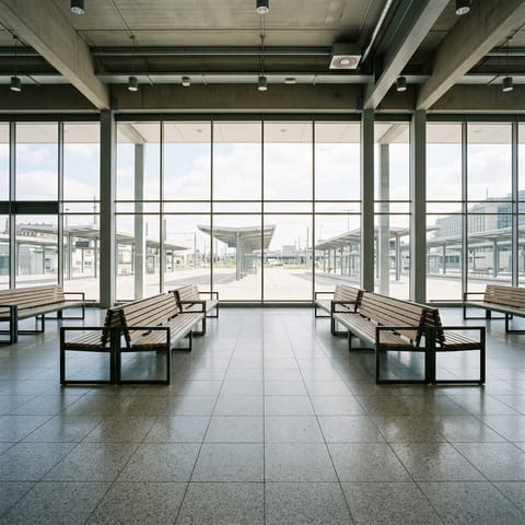 A bus station waiting hall with benches. Generated image.