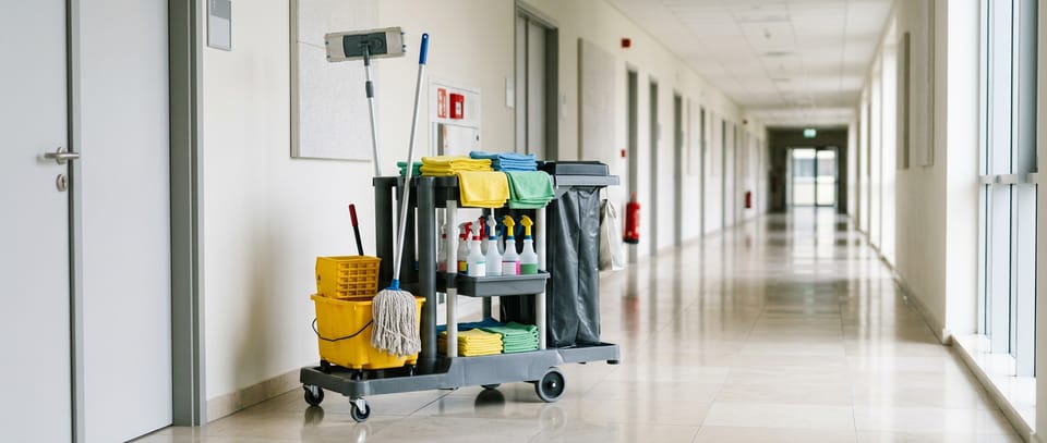 A janitorial supplies cart in a bright corridor. Generated image.