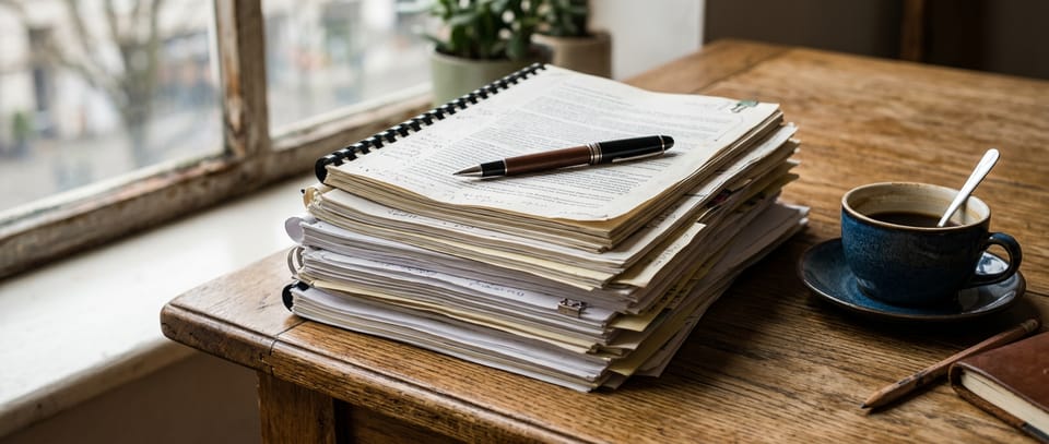 A stack of printed bid documents beside a pen and a coffee cup. Generated image.