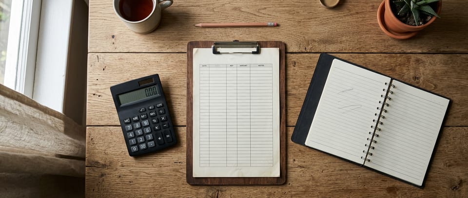 A clipboard, calculator and notebook on a wooden desk. Generated image.